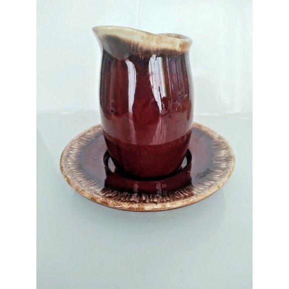 Hull Pottery USA Crestine Pottery Brown Drip Pattern Pitcher & Underplate - Picture 8 of 12